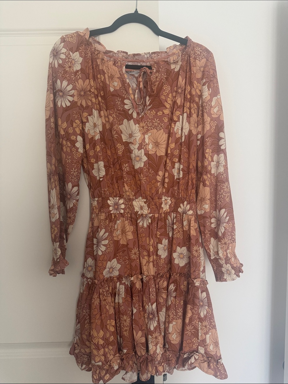Women's Rust Floral Tiered Long-Sleeve Dress